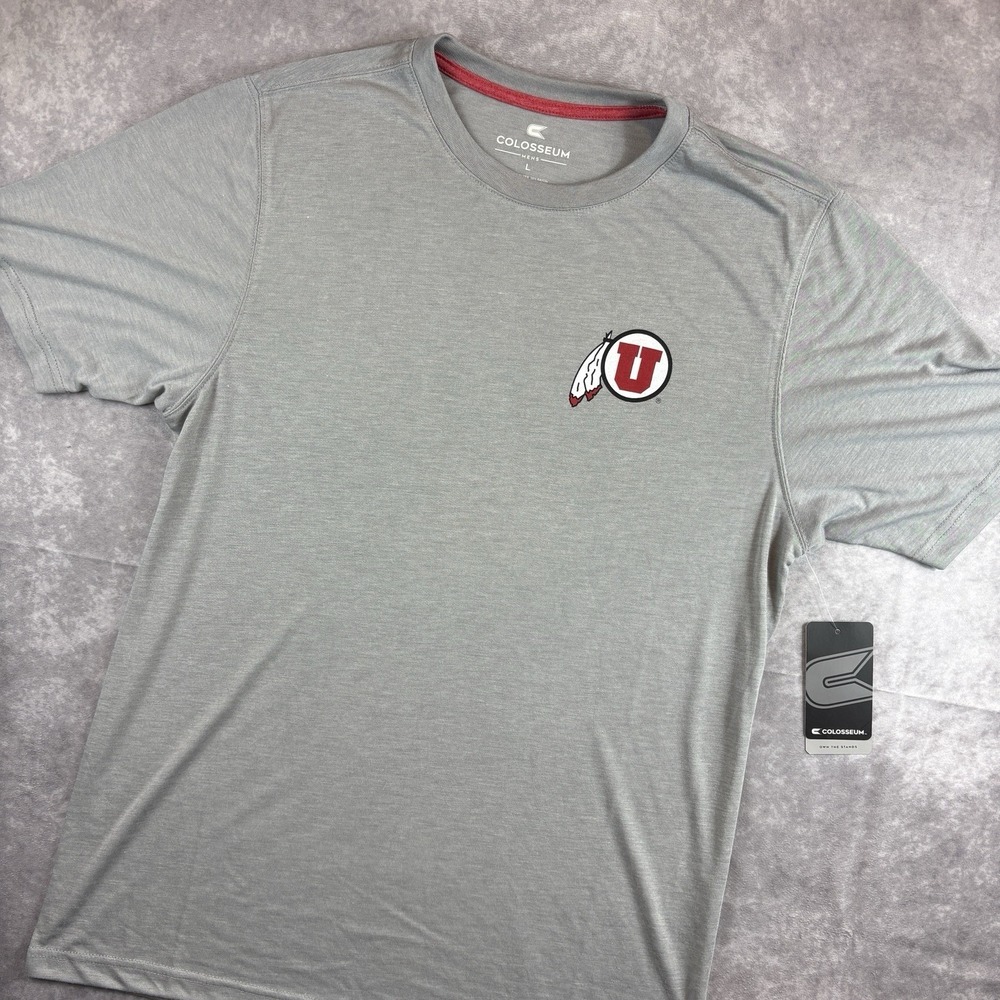 Utah Utes Shirt Mens L Gray Red Short Sleeve Spell Out Stretch Performance NEW